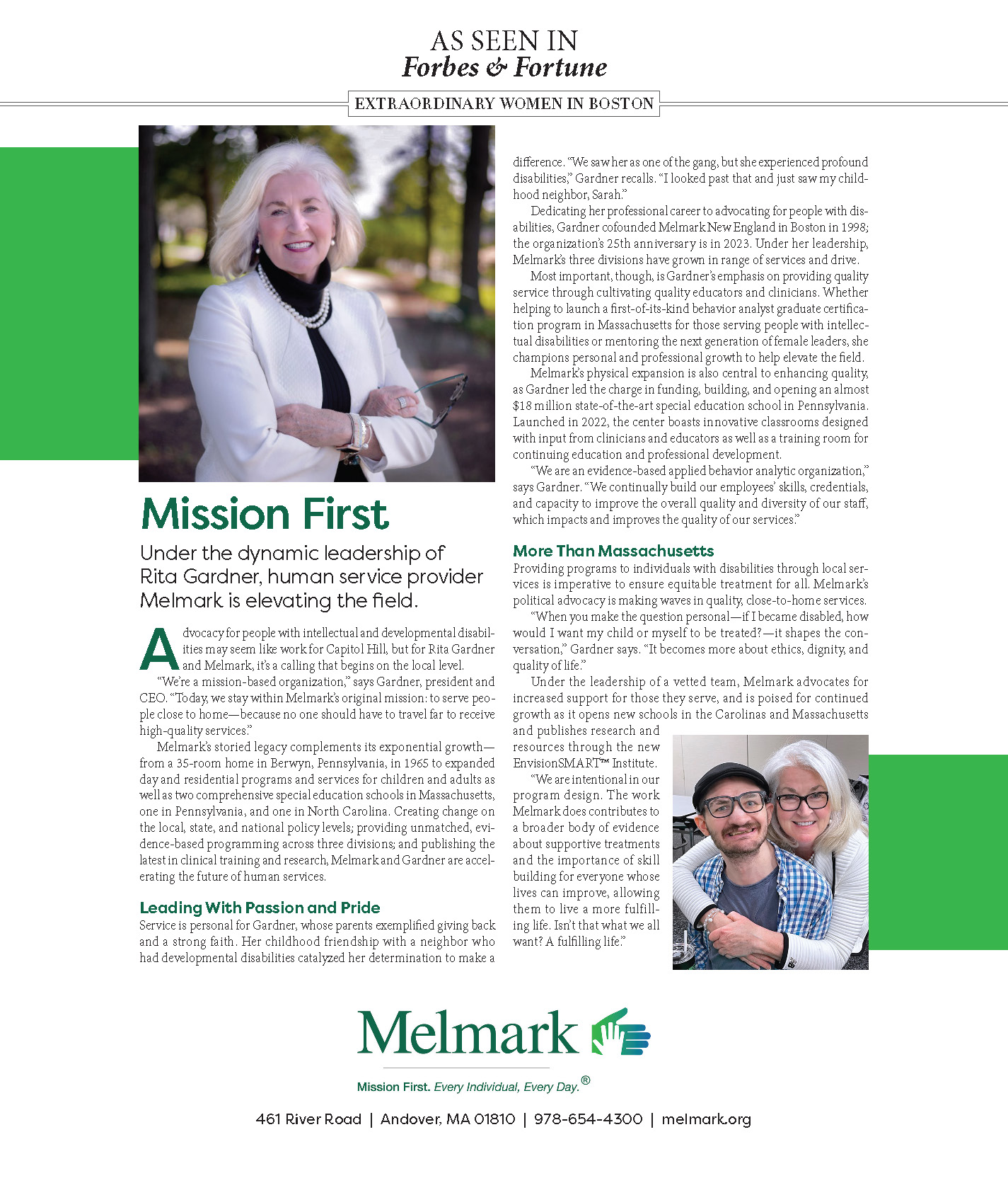 Rita M. Gardner, President and CEO of Melmark, featured in Forbes and Fortune Magazine (June 2023)